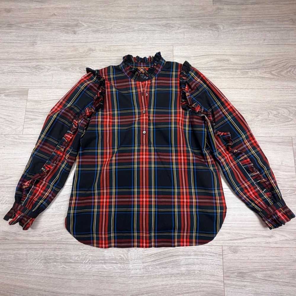 J.Crew Womens Red Tartan Plaid Ruffle Trim Cotton Top‎ Long Sleeve Medium - Picture 4 of 9